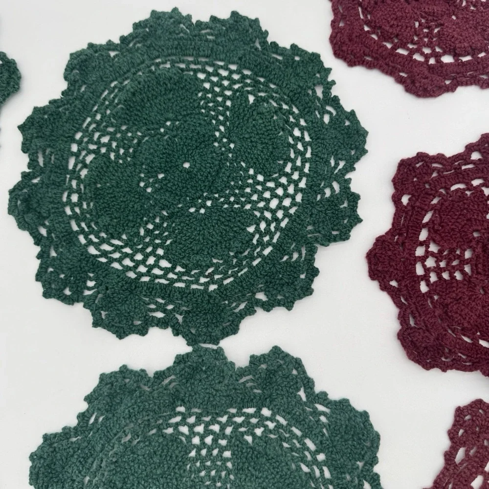 Vintage Crochet Doilies Lot 13 Green Burgundy‎ Cotton Holiday Cottagecore